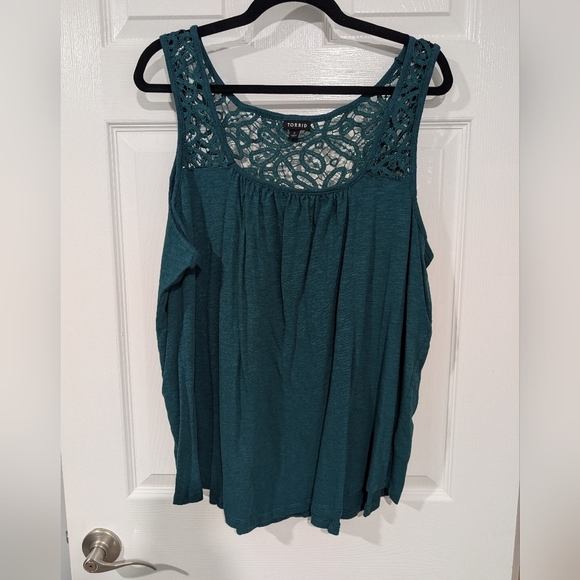 Torrid Deep Teal Knit Square Neck Lace Inset Tank in Size 2 (18/20) - Picture 2 of 11